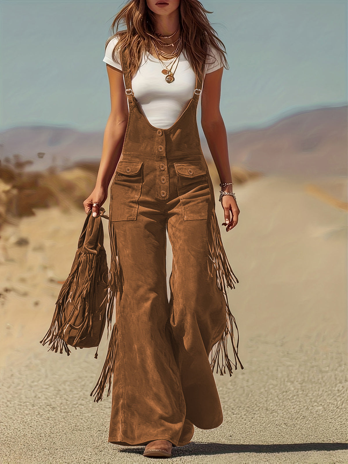 Women Brown Corduroy Fringe Flare Overalls Jumpsuit