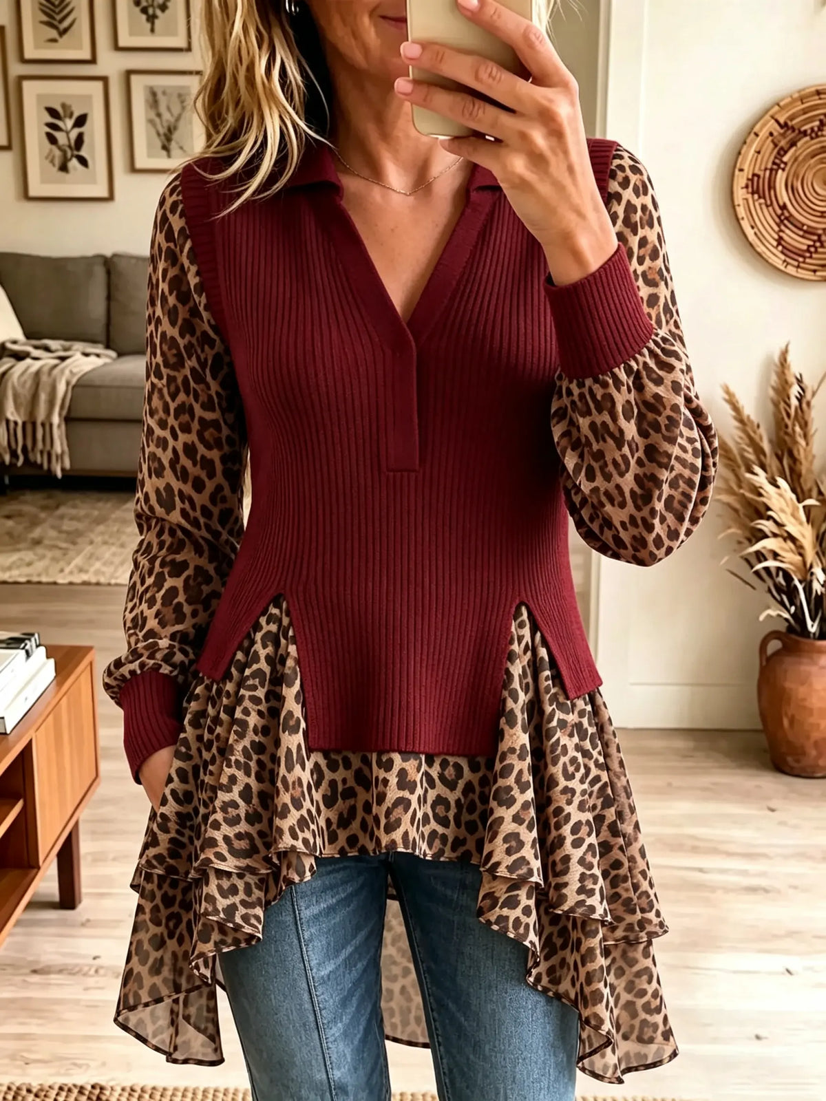 Women's Leopard Chiffon Patchwork Ribbed Polo Blouse