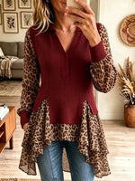 Women's Leopard Chiffon Patchwork Ribbed Polo Blouse