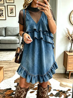 Vintage Western V Collar Ruffle Art Casual Stylish Midi Denim Dress
