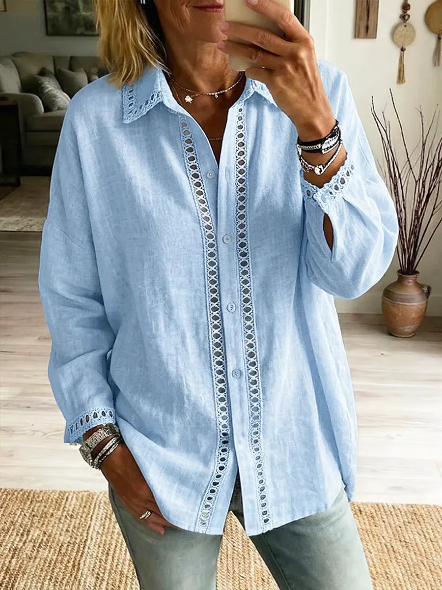 Retro Lace Hollow Art Casual Stylish Long Sleeve Cotton Linen Shirt