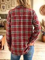 Women's Plaid Fringed Hem Oversized Button-Down Shacket