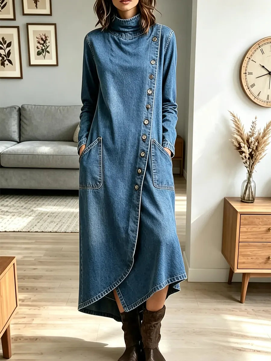 Vintage Turtleneck Asymmetrical Hem Art Casual Long Sleeve Stylish Denim Dress