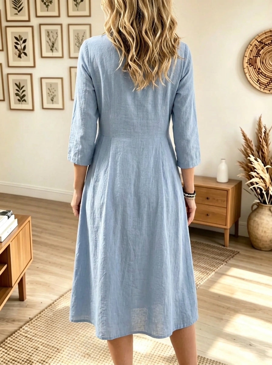 Women's V-Neck Button-Down Flap Pocket Linen Midi Dress