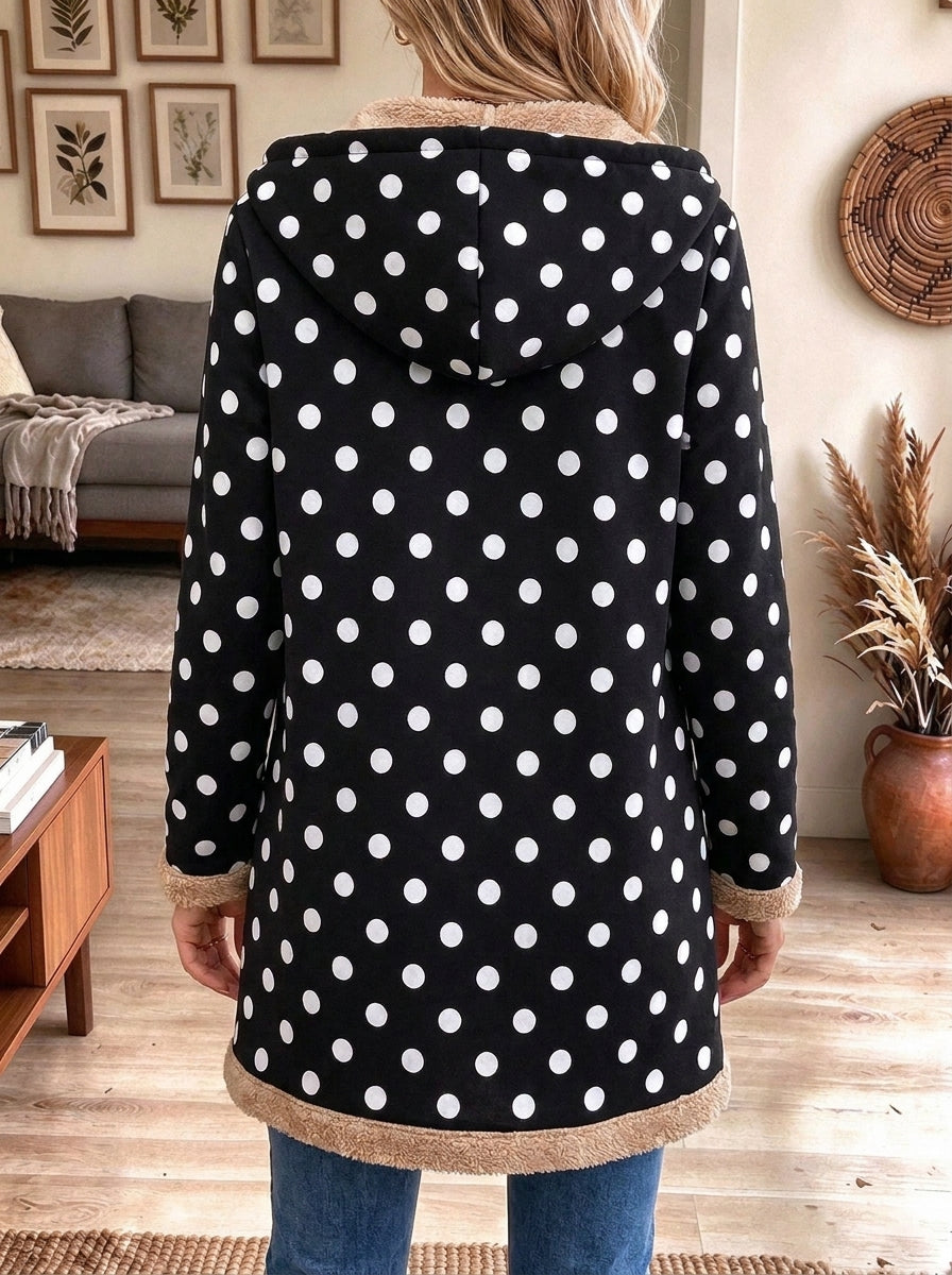Women's Black Polka Dot Fleece-Lined Hooded Coat with Pockets