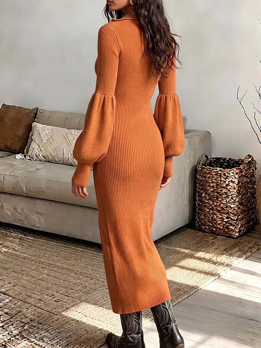 Vintage Elegant Zippered Knit Stand Collar Lantern Long Sleeve Slit Dress