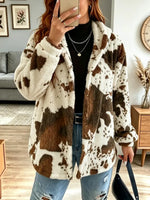 Retro Cow Pattern Fuzzy Warm Fleece Art Casual Stylish Long Sleeve Coat