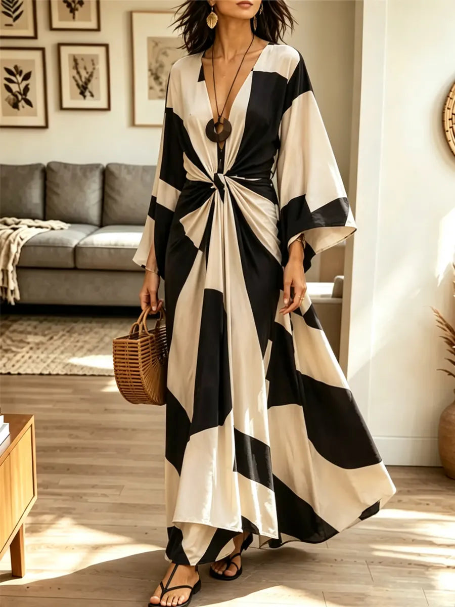 Retro Geometric Pattern Art Casual Stylish 3/4 Sleeve Cotton Linen Dress