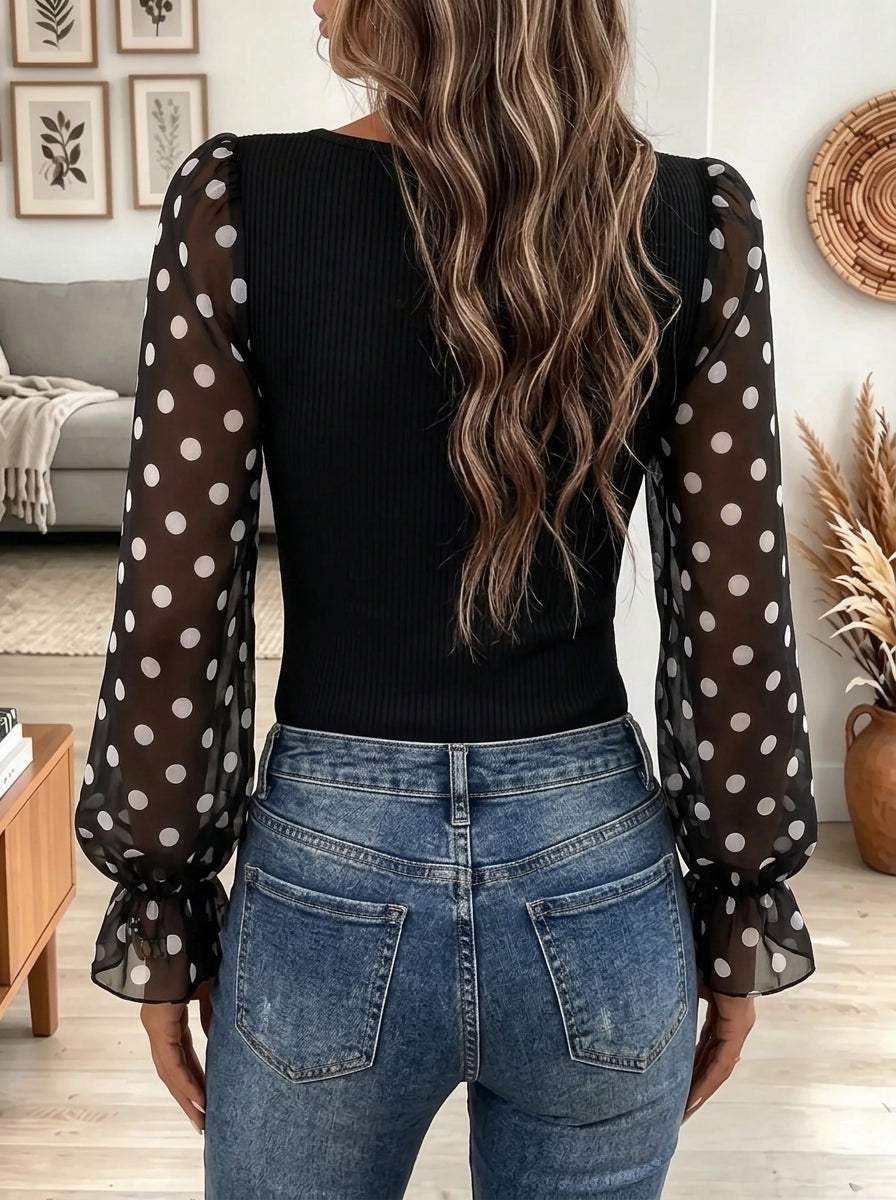 Women's Polka Dot Mesh Patchwork Top
