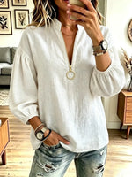 Retro Zip Art Casual Stylish 3/4 Sleeve Stand Collar Cotton Shirt