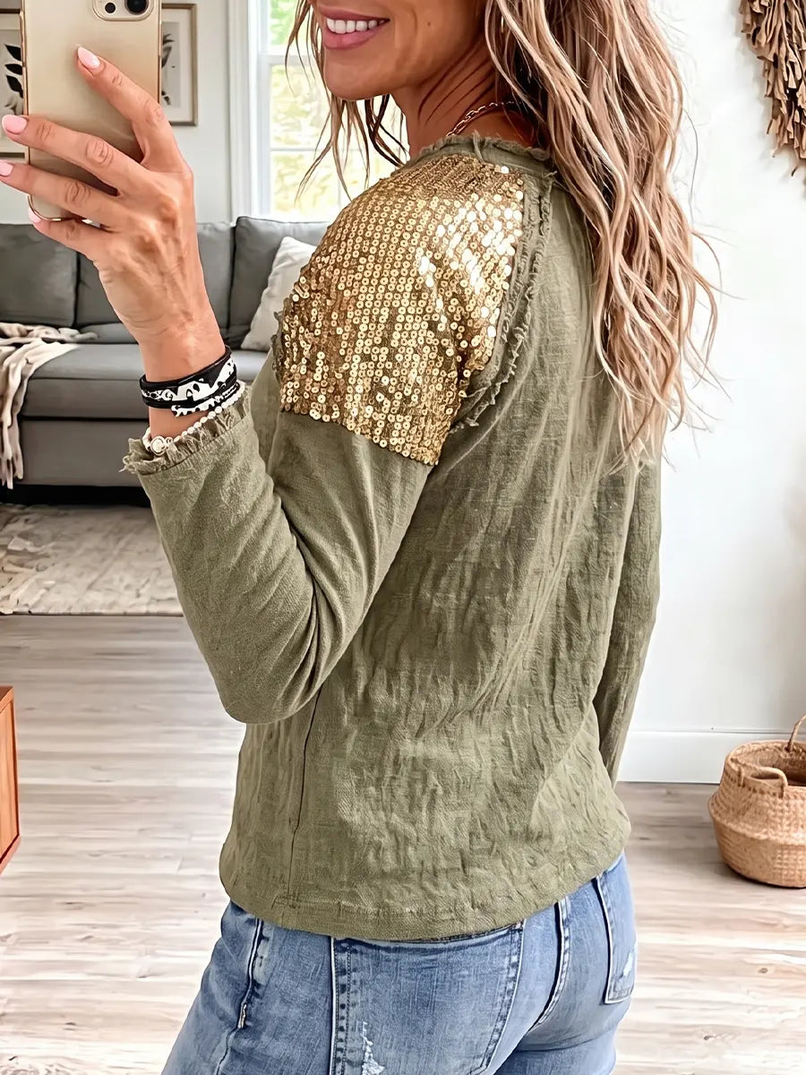 Vintage Elegant Sequin Paneled Cotton-linen Blend Shirt