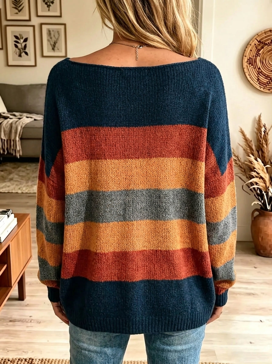 Women's Colorblock Striped Boat Neck Slouchy Sweater