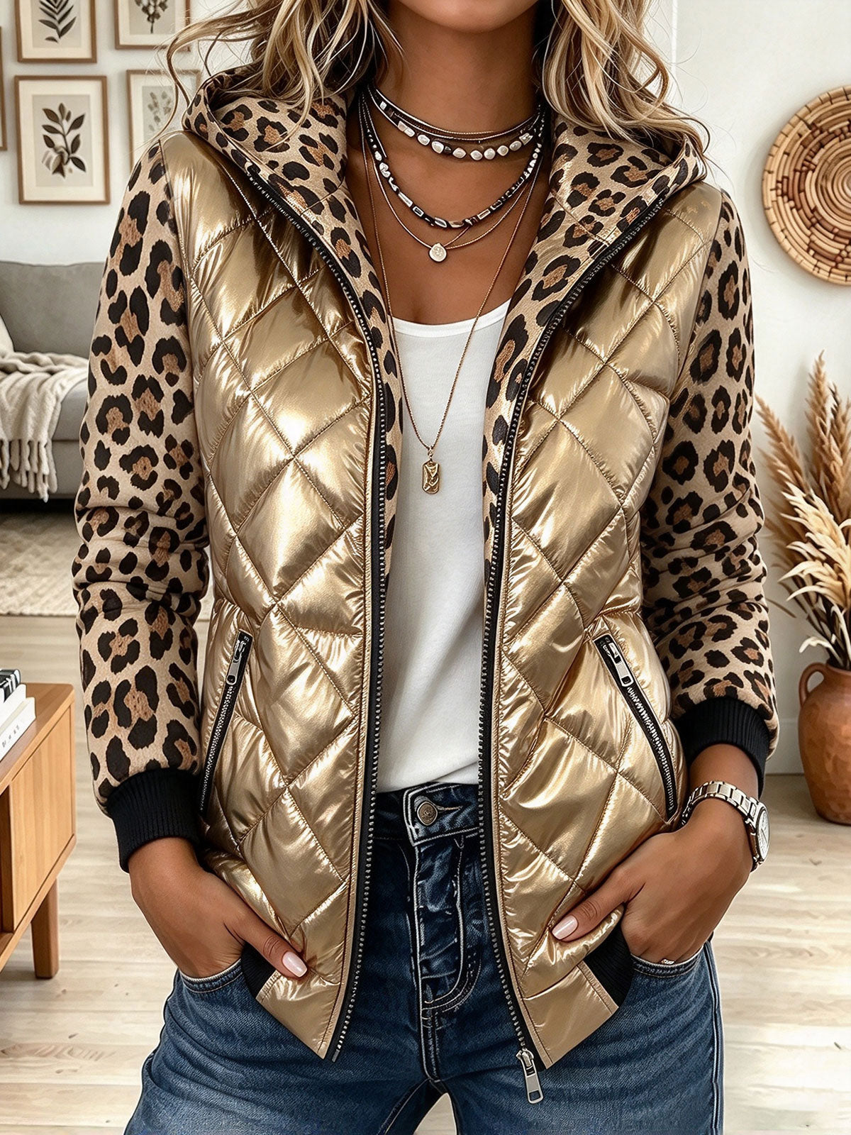 Women's Metallic Gold Quilted Puffer Jacket with Leopard Print Hood and Trim