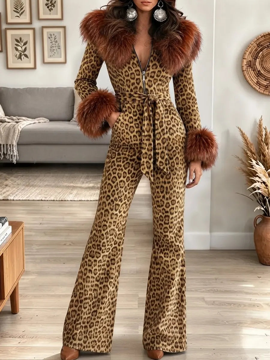 Women's Retro Leopard Print Bohemian Frayed Corduroy Jumpsuit