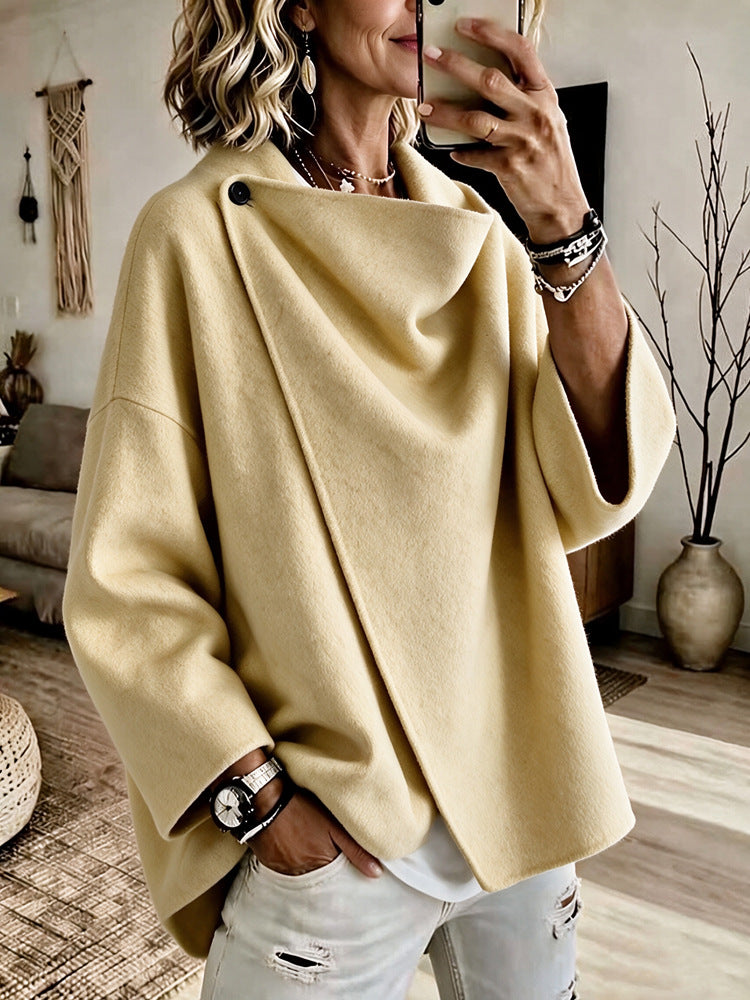 Women's Asymmetrical Button Wrap Collar Poncho Sweater