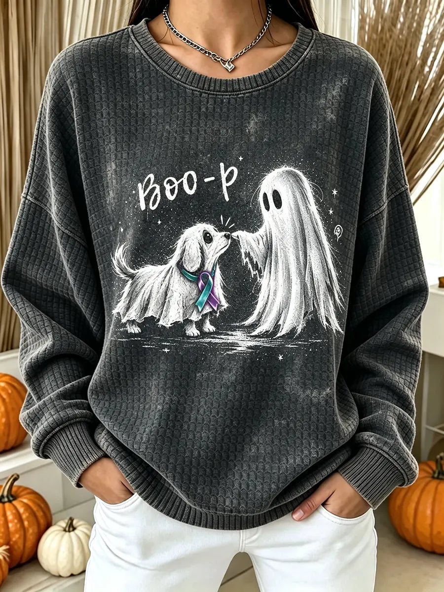 Vintage Halloween Ghost Dog Art Print Crewneck Sweatshirt