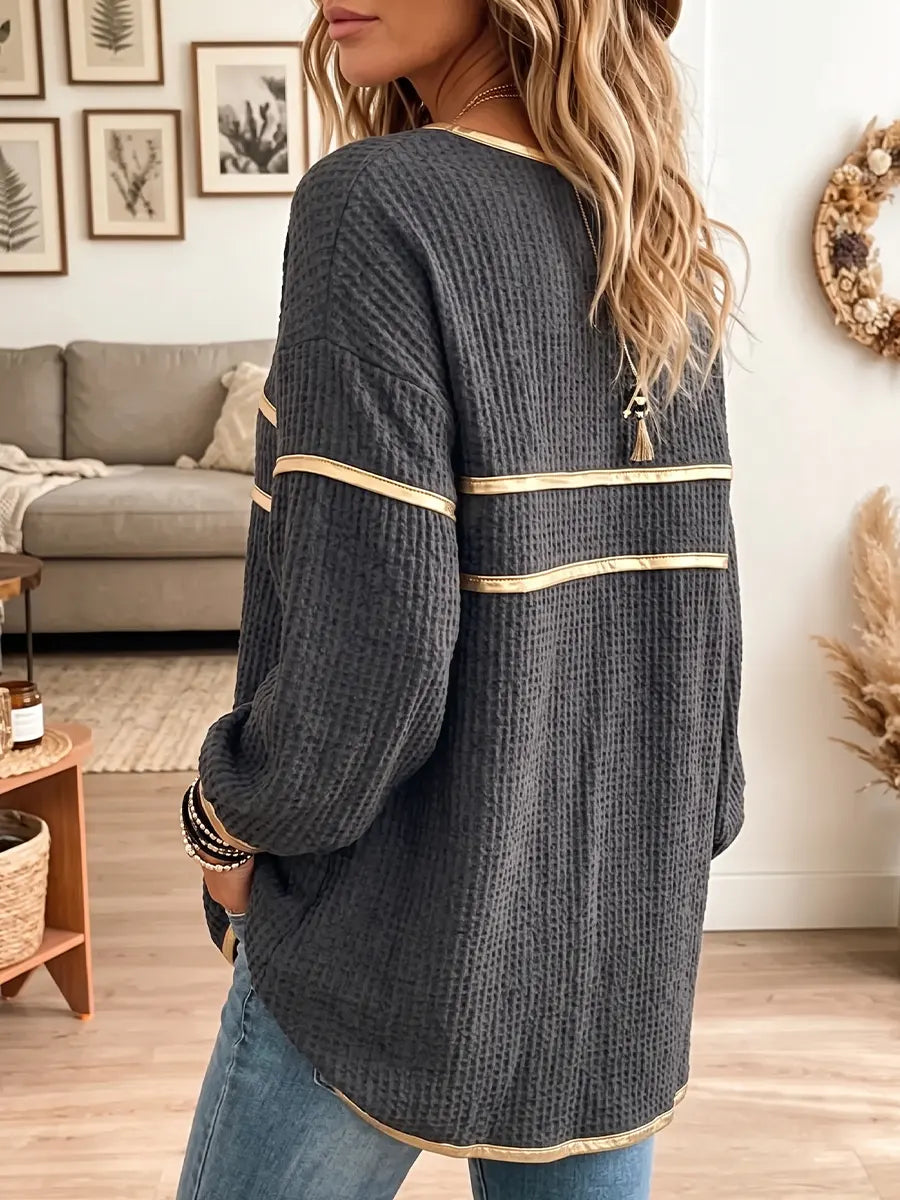 Women's Vintage Elegant Waffle Gold Trim Shirt