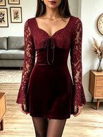 Vintage Lace Patchwork Art Casual Stylish Long Sleeve Mini Velvet Dress