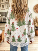 Women's Christmas Tree Bow Print Lace Trim Top