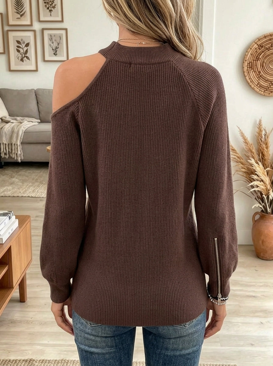 Women's Cold-Shoulder Zipper Mock Neck Sweater