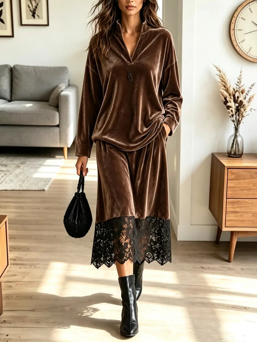 Retro Elegant Velvet Lace Art Casual Stylish Long Sleeve Shirt And Skirt Two-piece Set