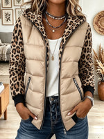 Women's Beige Puffer Winter Jacket Coat with Leopard Print Hood and Sleeves