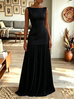 Women Boat Neck Sleeveless Two‑Tone Pleated Maxi Evening Dress