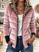 Women's Pink Velvet Puffer Jacket with Leopard Print Hood and Trim