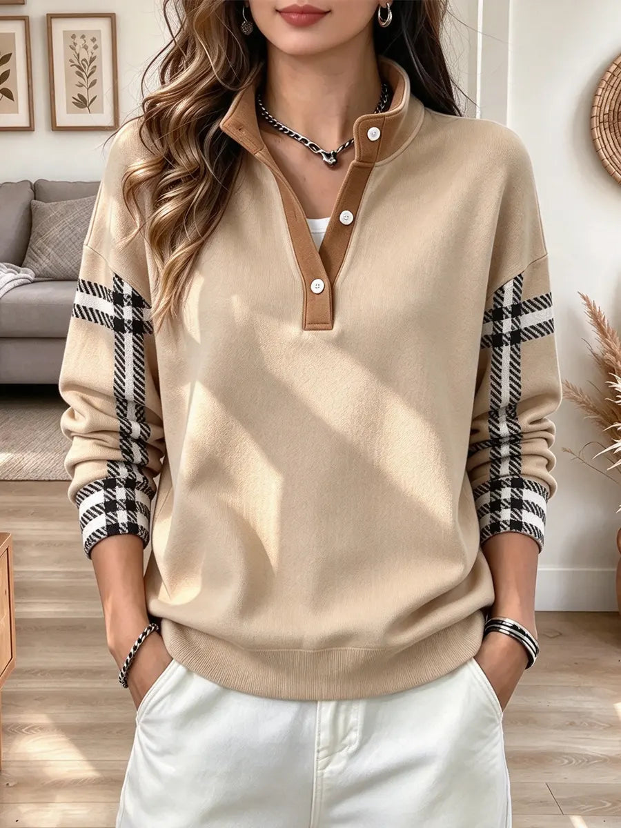 Retro Plaid Pattern Art Casual Stylish Long Sleeve Stand Collar Sweatshirt