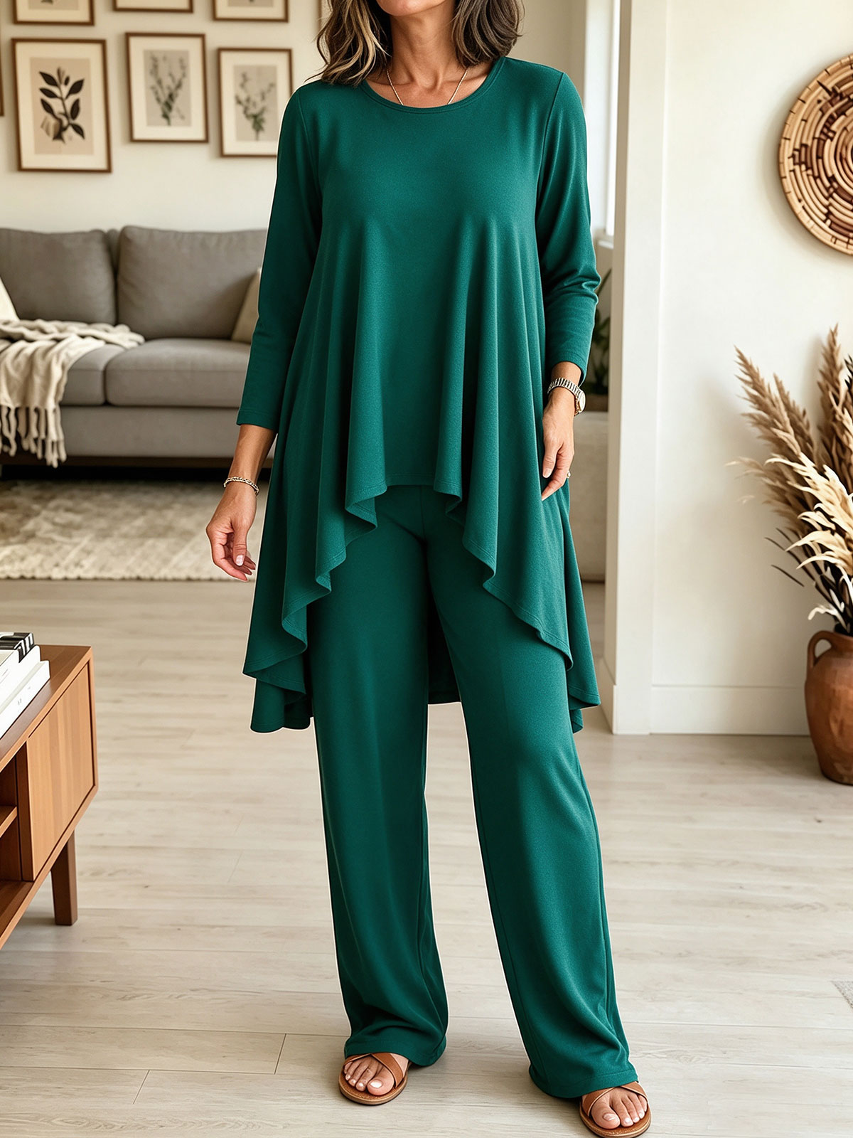 Women's Irregular Hem Tunic Top and Wide Leg Pants Set, Two Piece Loungewear Outfit