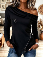Women's Black Asymmetric Off-Shoulder Long Sleeve Top with Ring Zipper Details