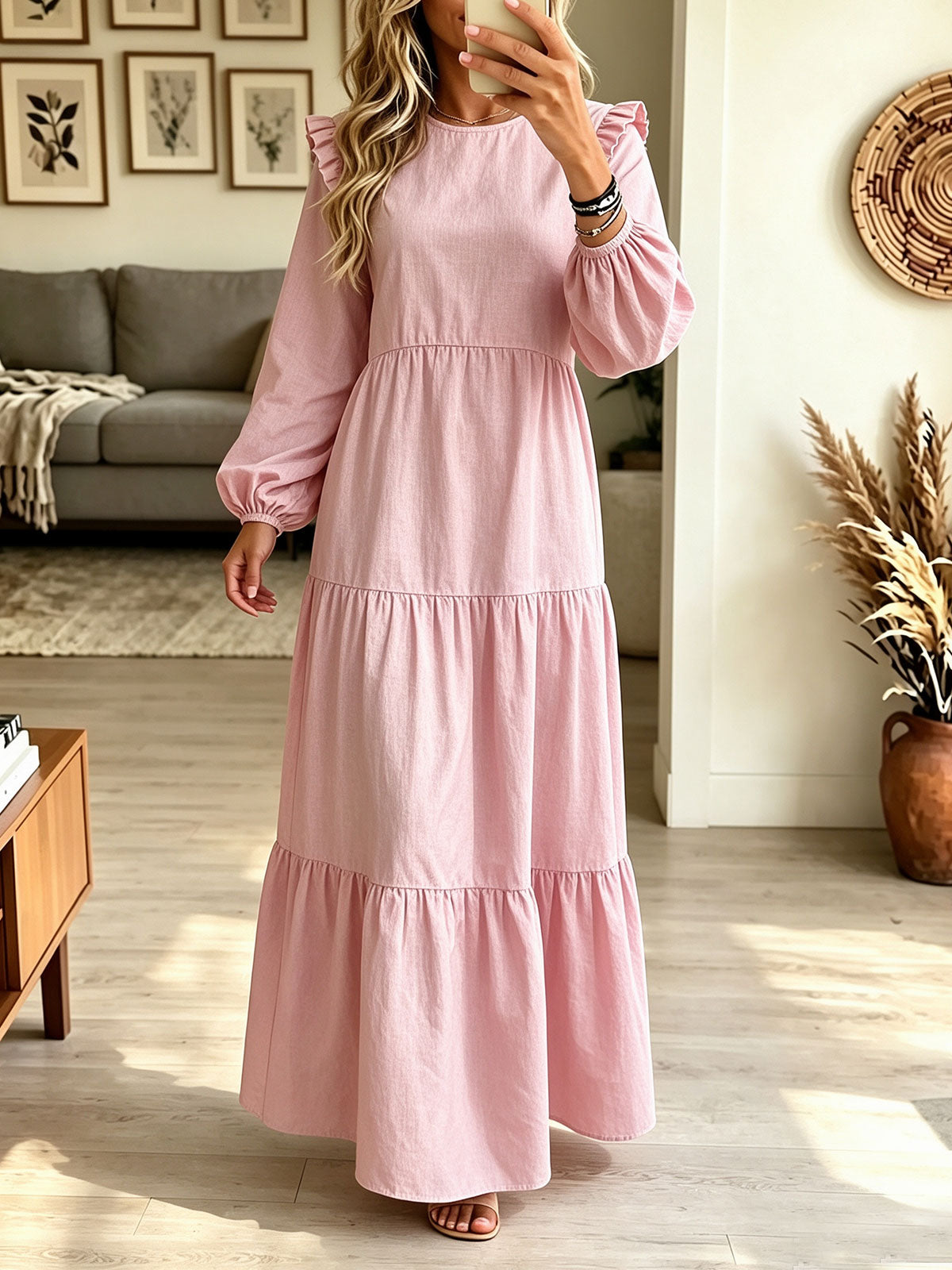Women's Ruffle Shoulder Tiered Maxi Dress, Long Puff Sleeve Casual Loose Flowy Dress
