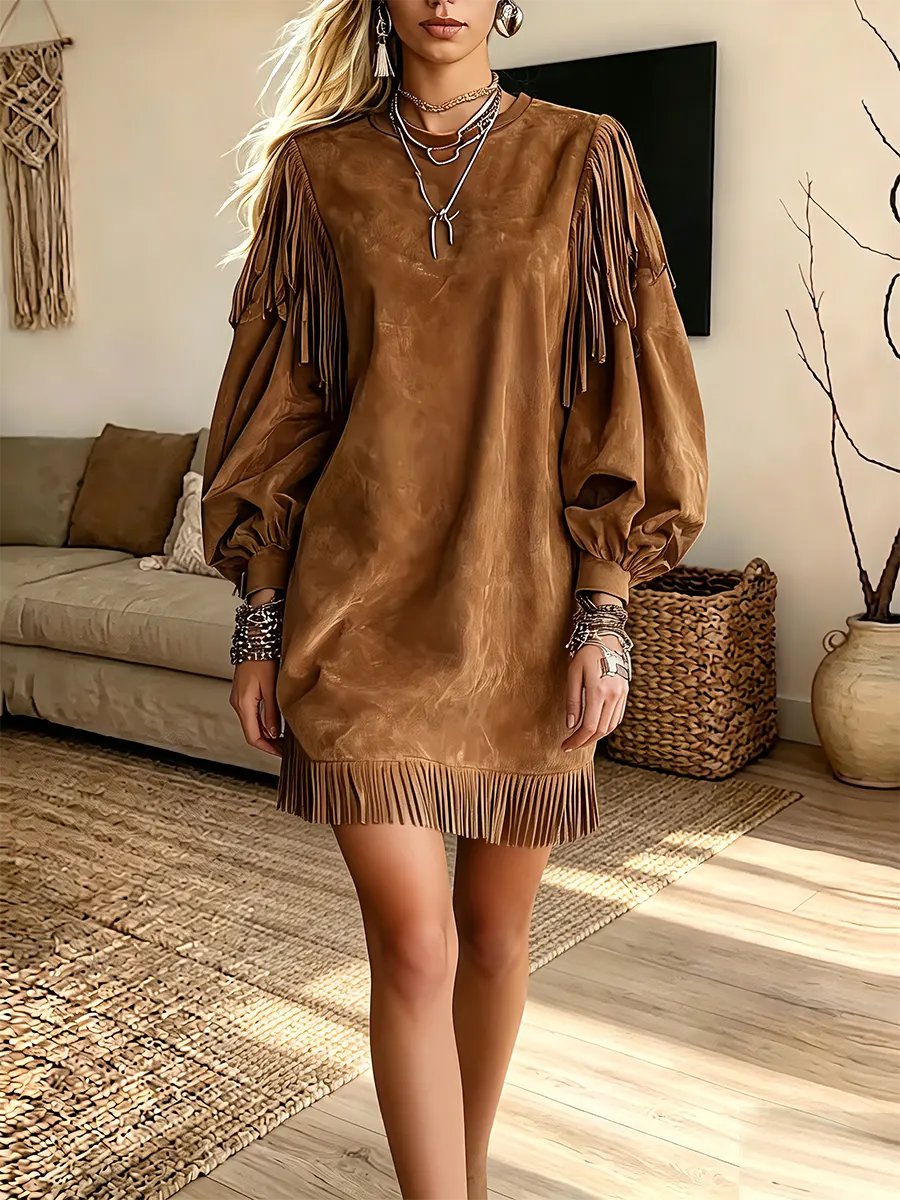Vintage Elegant Suede Patchwork Tassels Dress