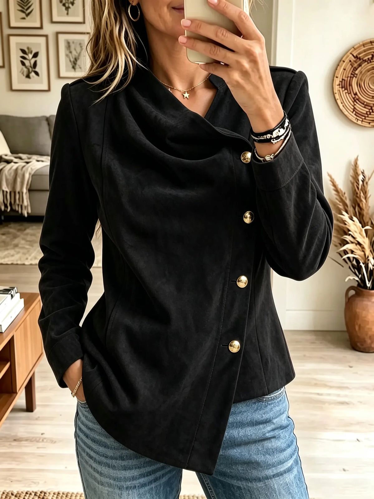 Women's Asymmetrical Button Draped Faux Suede Blouse