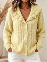 Women's Solid Color Sailor Collar Long-sleeve Casual Loose Textured Crochet Knit Cardigan