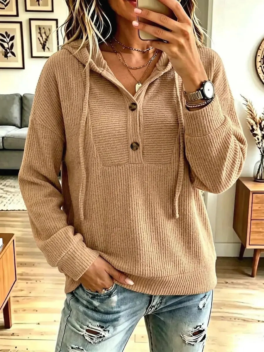 Vintage Hooded Button Art Casual Stylish Long Sleeve Top