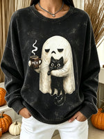Vintage Halloween Ghost Black Cat Art Print Crewneck Sweatshirt