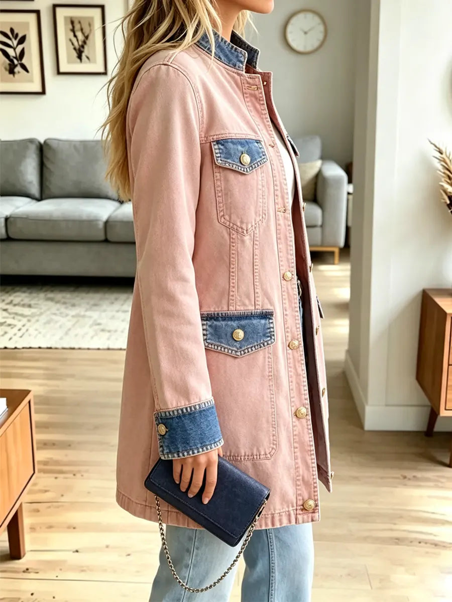 Retro Pink Button Pockets Art Casual Stylish Long Sleeve Denim Coat