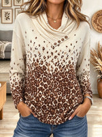 Women's Beige Leopard Print Cowl Neck Long Sleeve Top with Button Detail