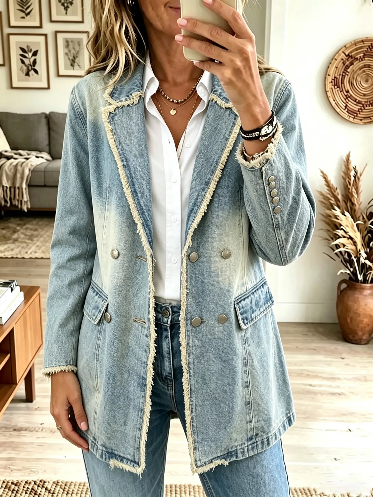 Women's Frayed Edge Double-Breasted Long Denim Blazer