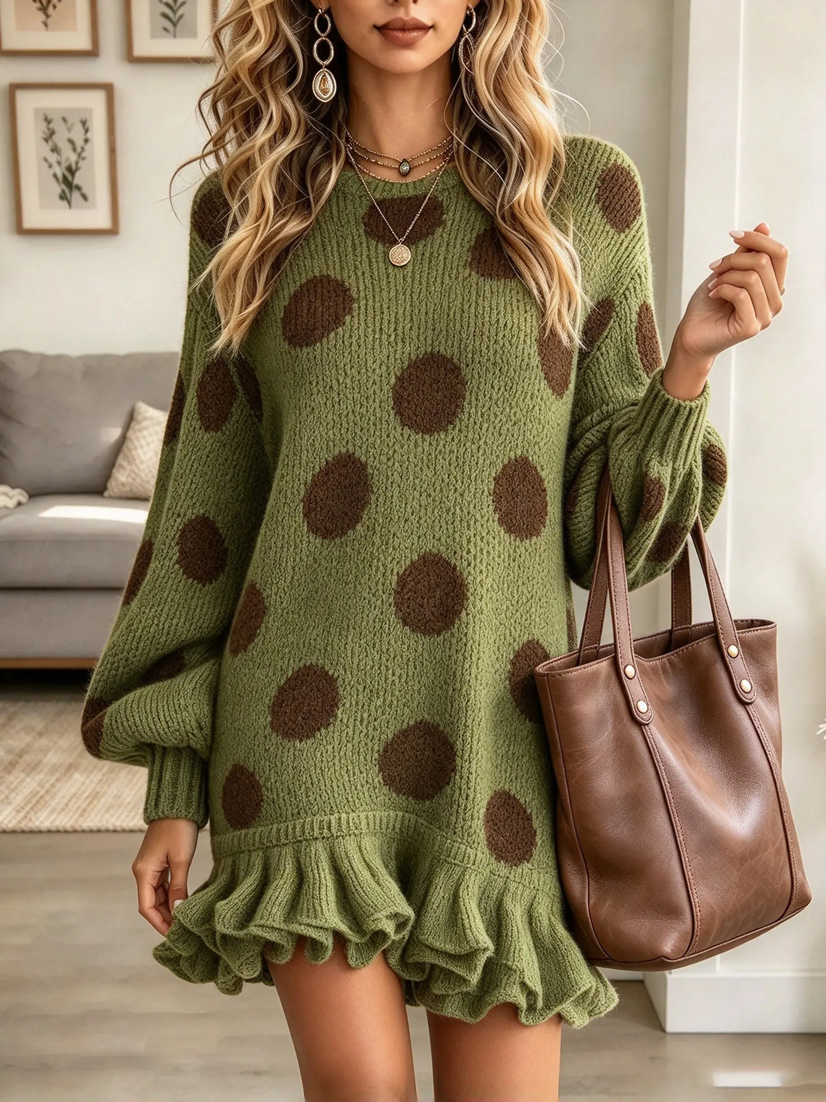 Women's Polka Dot Ruffle Hem Sweater Dress