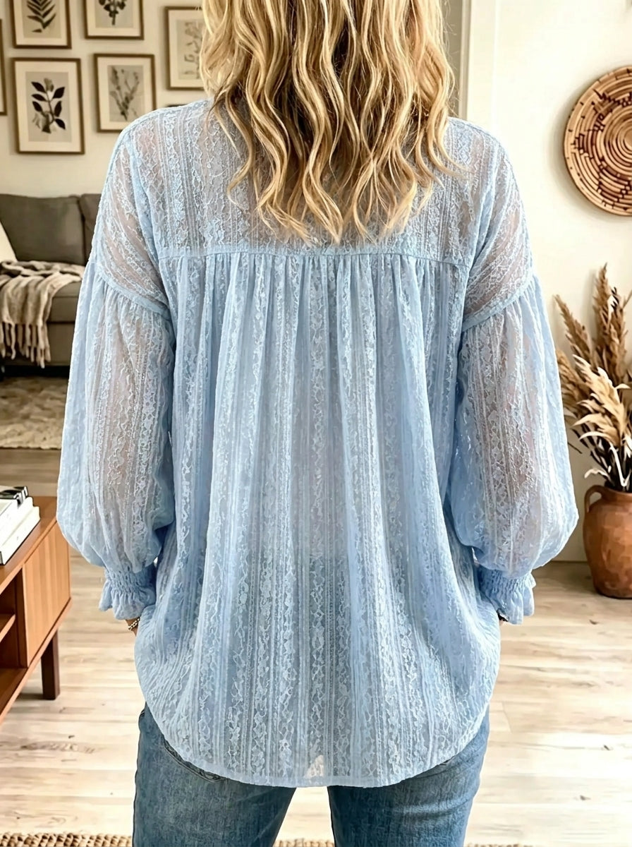 Women's Babydoll Eyelash Lace Henley Tunic Top