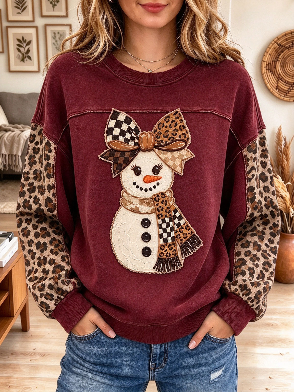 Women's Burgundy Snowman Graphic Sweatshirt with Leopard Plaid Bow and Sleeves