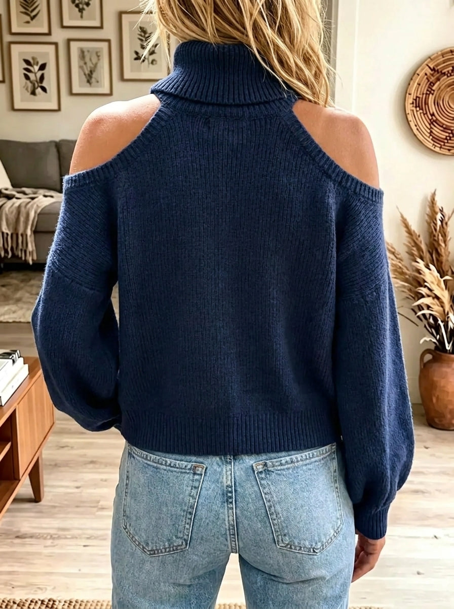 Women's Cold-Shoulder Foldover Turtleneck Knit Sweater