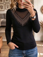 Women's Black Mock Neck Long Sleeve Top with Sparkling Rhinestone Fringe Mesh Yoke