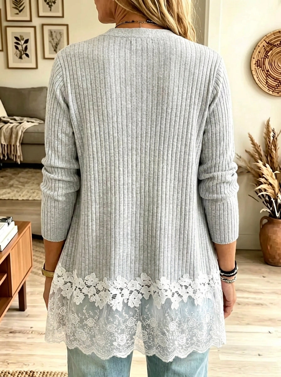Women's Sheer Floral Lace Trim Ribbed Knit Cardigan
