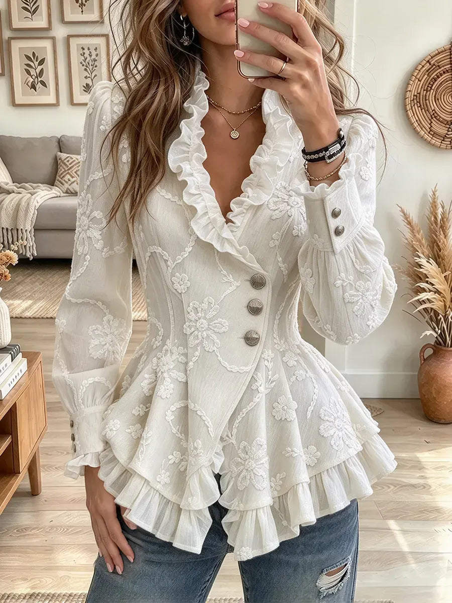 Women's Floral Embroidery Print Ruffled Peplum Blouse