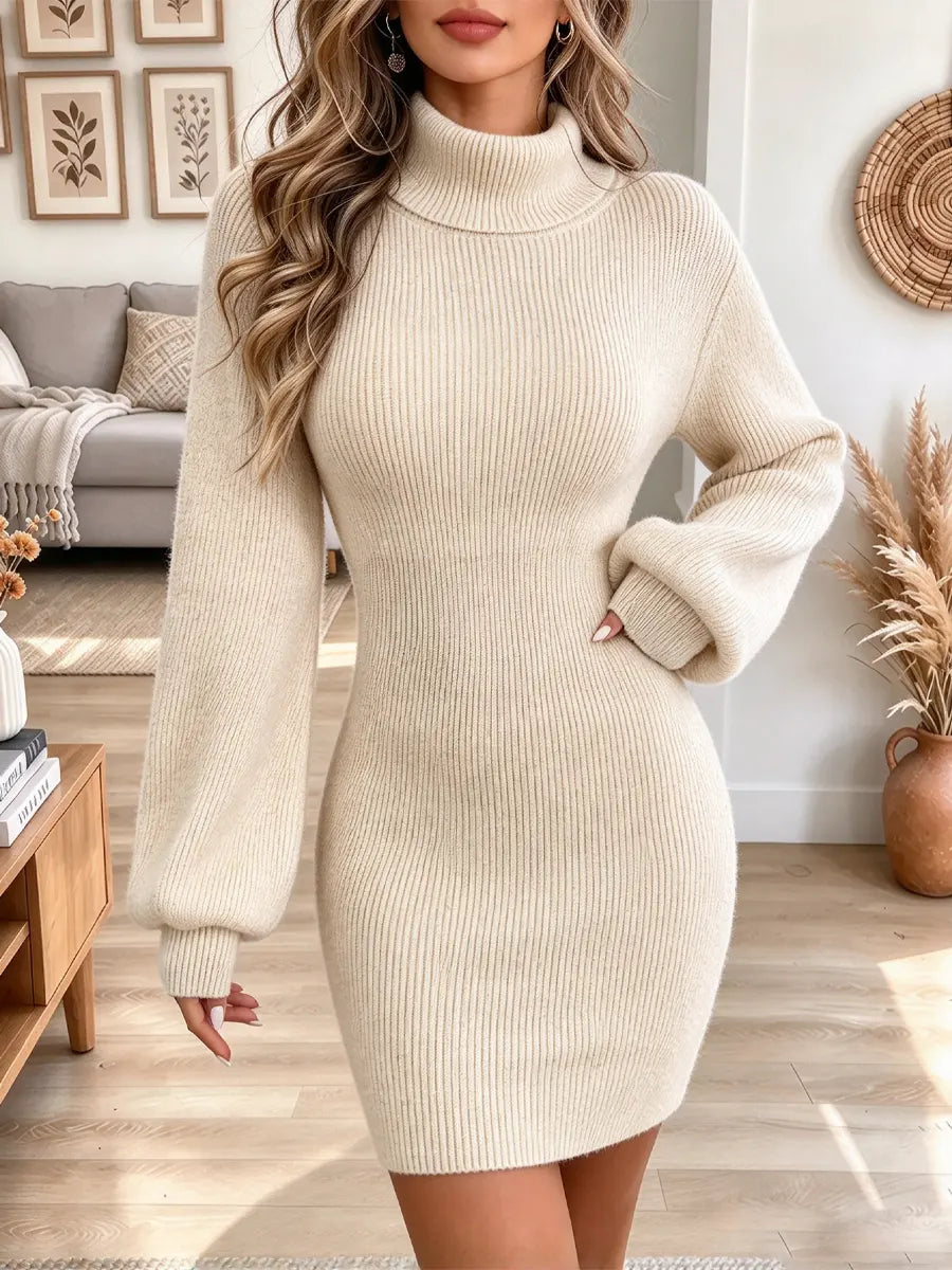 Vintage Chic Turtleneck Art Casual Knit Stylish Long Sleeve Mini Dress