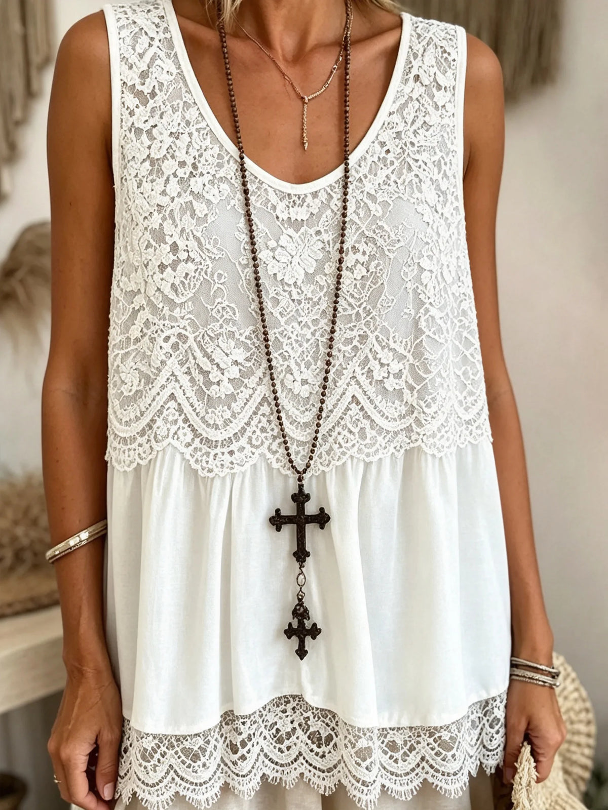 Women Solid Lace Spliced Tiered Sleeveless Mini Dress