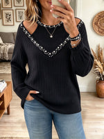 Women's Black Cold Shoulder Ribbed Knit Sweater with Pearl Beaded Trim